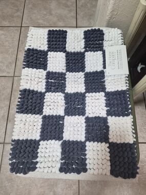 Navy and White Checker Bath Rug